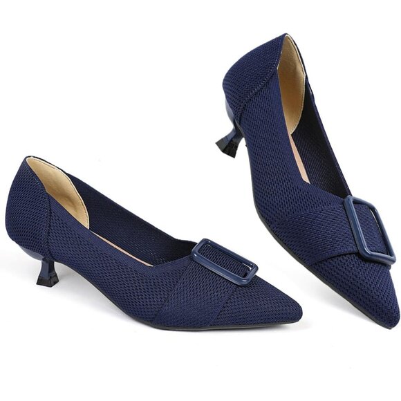 Women's Blue Kitten Heels Pumps Comfortable Knit Closed Toe Heels Casual - Picture 1 of 6